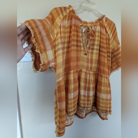 Anthropologie/Pilcro and the Letterpress Bette Babydoll Plaid Top, Orange: SMALL - Picture 4 of 14